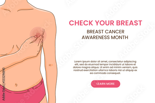 Breast cancer awareness month banner template, woman with breast pain. Self diagnostic importance.