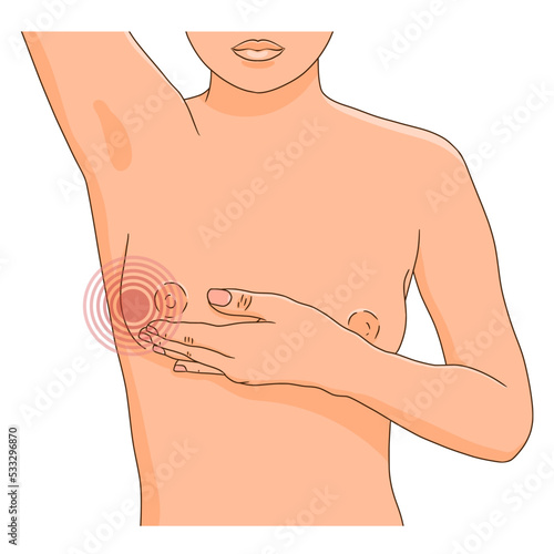 Woman performing monthly self exam for breast cancer, feeling pain