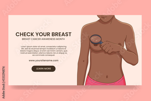 Breast cancer awareness month banner template, black woman performing monthly self exam with magnifying glass