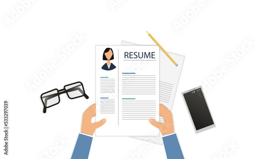Hands holding a sheet of paper with resume. Job search concept. Vector illustration isolated on the white background