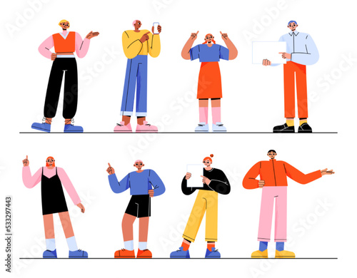 People pointing finger flat vector illustration set. Male and female characters showing information on smartphone, paper, presentation slide, raising hand up to draw attention, delivering speech