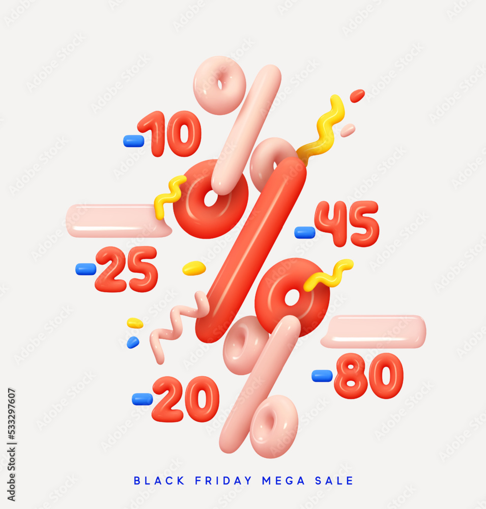 Black Friday super sale. Realistic 3d Percent sign design. Promo banner, web poster. Background with percentage discounts. Christmas and New Year Sale. Vector illustration Black Friday super sale. Realistic 3d Percent sign design. Promo banner, web poster. Background with percentage discounts. Christmas and New Year Sale. Vector illustration