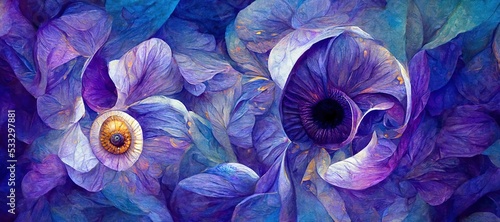 Abstract pansy flowers, vibrant saturated midnight blue and violet purple with rich golden yellow pastel color swirls and layered spirals. Trendy modern art illustration background decoration design.