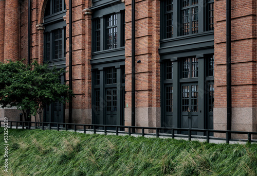 Architectural exterior detail with brick facade.