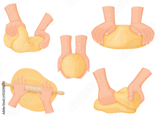 Kneading dough hands set. Rolled out dough for baking, pizza, cookie, biscuit, bread.