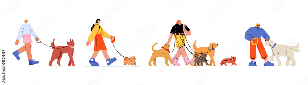 Happy people walking dogs on leash. Flat vector illustration set of young men and women in casual clothes training, playing, having fun with pet animals of different breeds. Active leisure, friendship - obrazy, fototapety, plakaty 