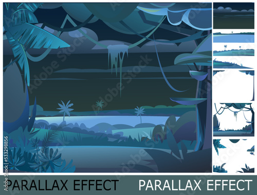 Jungle Dense thickets. View from Tropical Dark night forest panorama. Image from layers for overlay with parallax effect. Southern Rural Scenery. Illustration in cartoon style flat design. Vector.