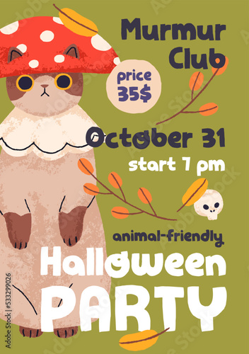 Halloween promotion card, poster design with cute funny cat. Inviting flyer t...