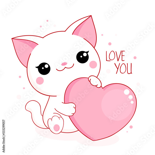 Cute Valentine card in kawaii style. Little white cat with big pink heart. Inscription Love you. Can be used for t-shirt print, stickers, greeting card design. Vector illustration EPS8
