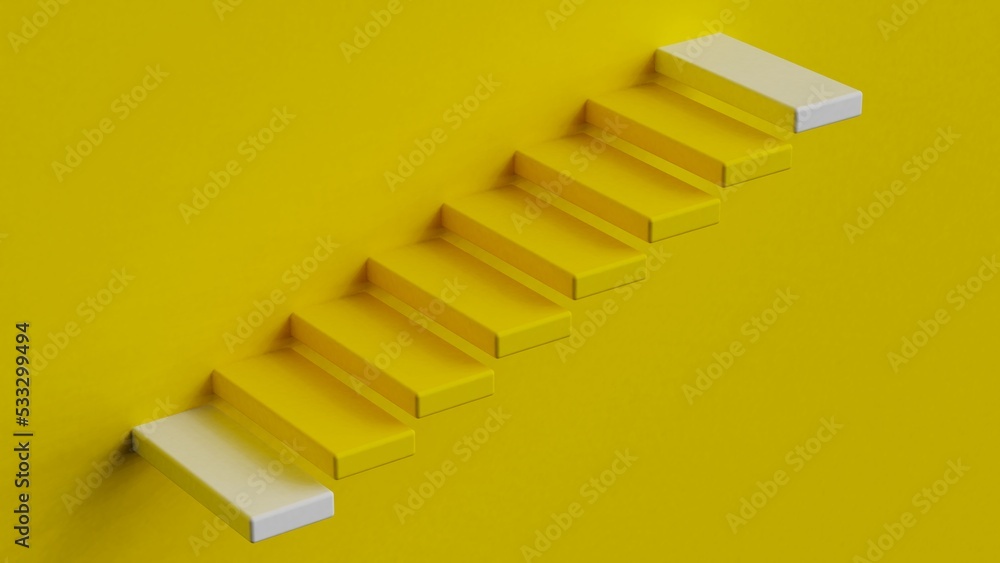 Yellow stairs leading to white top and bottom step under yellow background. Concept 3D CG of success process, cramming for exams and road to wealth. Yellow stairs leading to white top and bottom step under yellow background. Concept 3D CG of success process, cramming for exams and road to wealth.