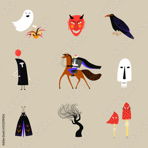 Halloween spooky cartoon characters and symbols