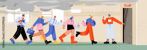 Fire emergency evacuation in office building. People run to exit door from workplace in danger situation. Workers urgency leaving room with smoke, vector flat illustration