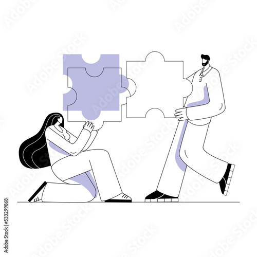 The characters connect the pieces of the puzzle. The concept of a vector illustration on the theme of connecting parts into a single whole.