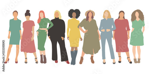 Team of business women silhouettes, beautiful girl models standing figure vectors