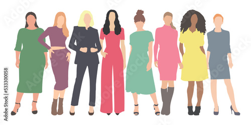 Group of beautiful women silhouettes wear colorful outfits