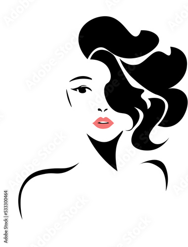 woman with hair. Cute girl with curls and red lips. Logo of a beauty salon, spa or hair salon