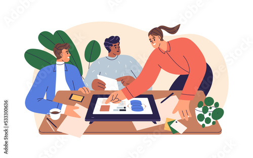 Web designer and clients communication. Presenting, discussing digital project, website at work. Showing site design to customers. Flat graphic vector illustration isolated on white background