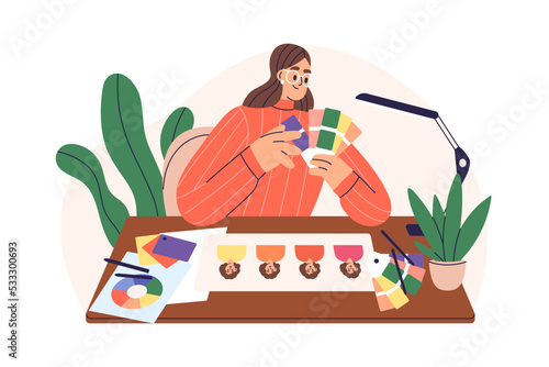 Personal stylist determining, analyzing color type. Complexion, appearance seasonal typology by face skin colour, image category, undertone. Flat vector illustration isolated on white background