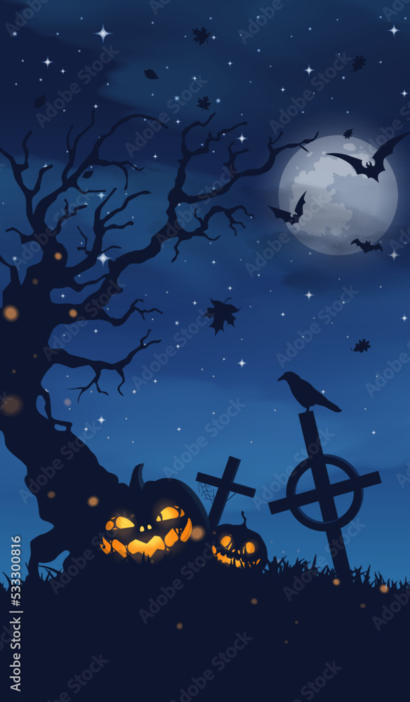 Happy halloween banner or party invitation background with blue fog clouds and pumpkins