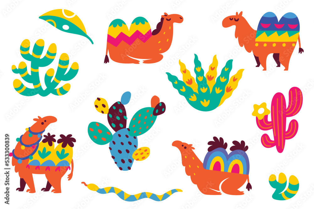 Obraz premium Set of flat cartoon camels and succulents. Vector illustration