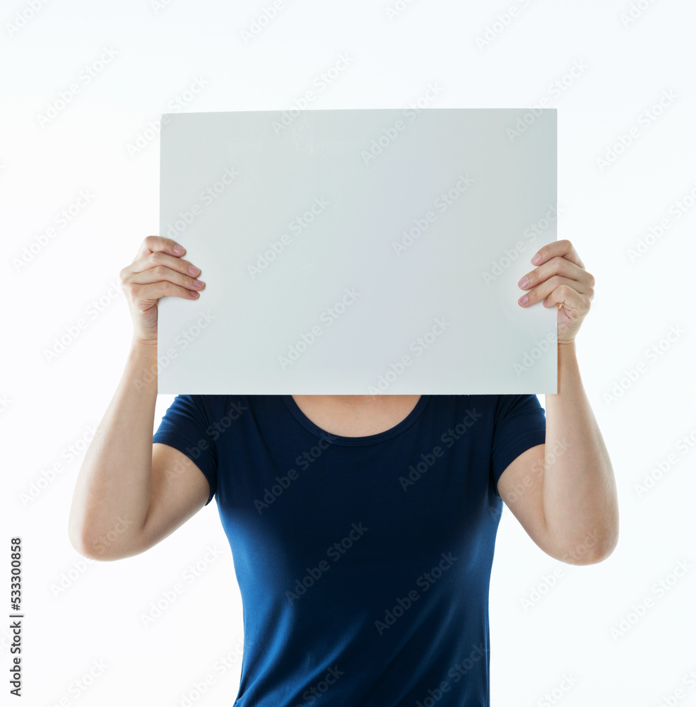 Woman holding a poster isolated on white background Woman holding a poster isolated on white background