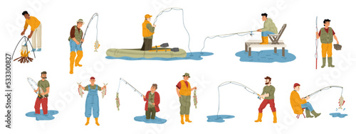 Happy men fishing set isolated on white background. Flat male characters catching fish with rod from pierce, river bank, inflatable boat, standing in water, cooking food on fire, enjoying hobby