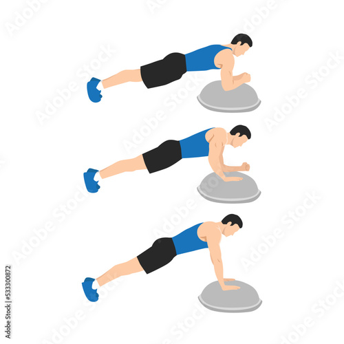 Man doing bosu ball plank to push up or walking plank up downs exercise. Flat vector illustration isolated on white background