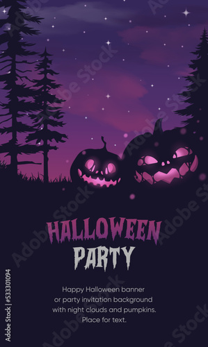 Happy halloween banner or party invitation background with violet fog clouds and pumpkins