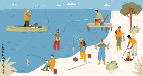 Fishermen with rods on river shore, wooden pier and inflatable rubber boat. Summer landscape of lake beach with people catching fish and cooking on fire, vector flat illustration