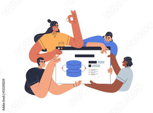 Web project presentation concept. Business team, developers and designers presenting website interface design, digital online product. Flat graphic vector illustration isolated on white background