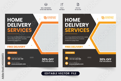 Home delivery service social media post vector with dark and orange colors. Modern home delivery service web banner design with creative shapes. Free grocery delivery promotion template vector.