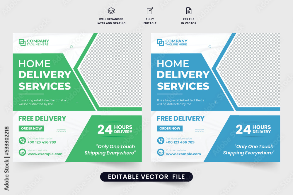 Home delivery business social media post vector with green and blue colors. Express delivery service web banner template with discount offer. Supermarket home delivery service template for marketing. Home delivery business social media post vector with green and blue colors. Express delivery service web banner template with discount offer. Supermarket home delivery service template for marketing.