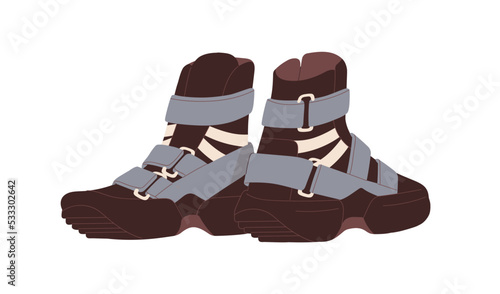 High-ankle footwear, trekking sneakers. Modern comfortable sport shoes with fasteners. Sportive footgear design. Pair of comfy hiking trainers. Flat vector illustration isolated on white background