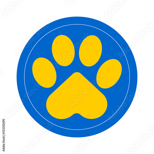 Paw of a cat or dog. Charity paw. Symbol of helping animals in shelters. Blue and yellow. Vector.