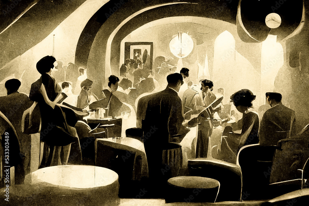 Sylwetki muzyków jazzowych w muzycznym barze jazzowym. Saksofony i pianiści grający na kinowej ilustracji Art Deco - obrazy, fototapety, plakaty 
