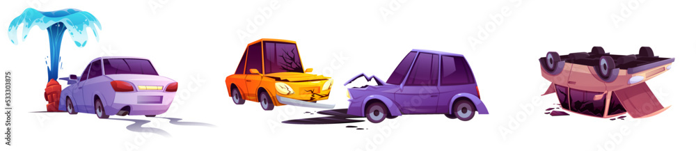 Car crash, road accidents. Broken vehicles after collision, car hit water hydrant, automobile flipped on roof isolated on white background, vector cartoon set