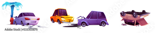 Car crash, road accidents. Broken vehicles after collision, car hit water hydrant, automobile flipped on roof isolated on white background, vector cartoon set