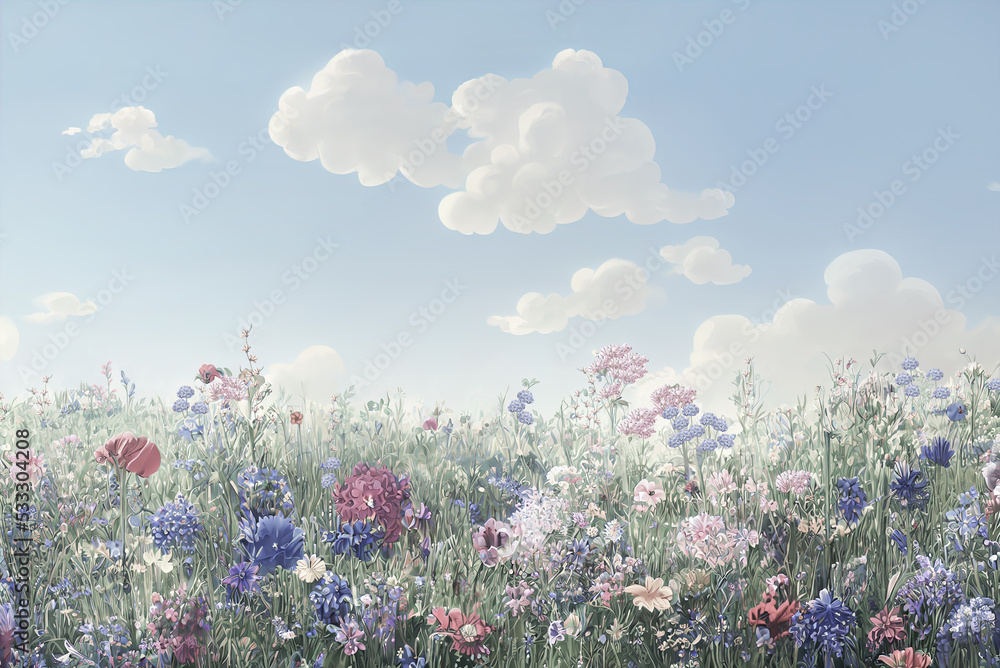 Fototapeta Children's painted colored wallpaper. Colorful illustration of a wide blooming summer meadow. Design for a children's room, wallpaper, photo wallpaper.