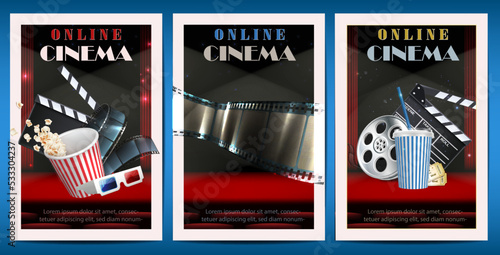 3d realistic vector banners. Movie cinema posters with popcorn, clipboard , tape and movie roll.