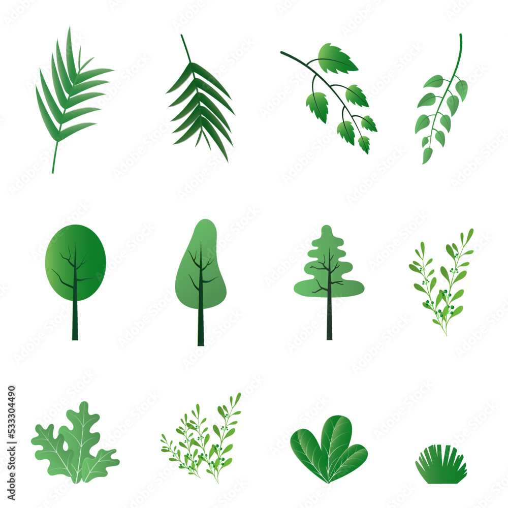 Green leaf design element set isolated on white background.