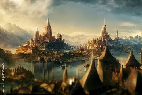 Leinwand Poster Cinematic aerial view of an ancient medieval fantasy city surrounded by lakes, with fortress roofs in the foreground during sunset