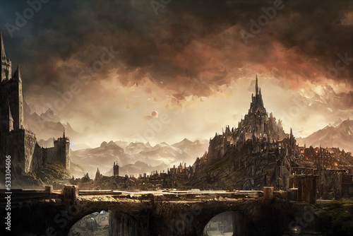 Fotobehang Fantasy medieval citadel with a bridge crossing, cloudy orange skies in a concept art illustration