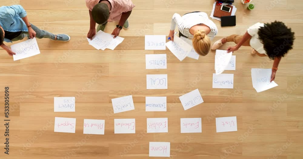 Startup, planning and creative business people brainstorming workflow ...