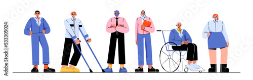 Multinational diverse business team characters smiling isolated on white. Flat vector illustration of male, female office employees standing, sitting in wheelchair, using crutches. Inclusive company