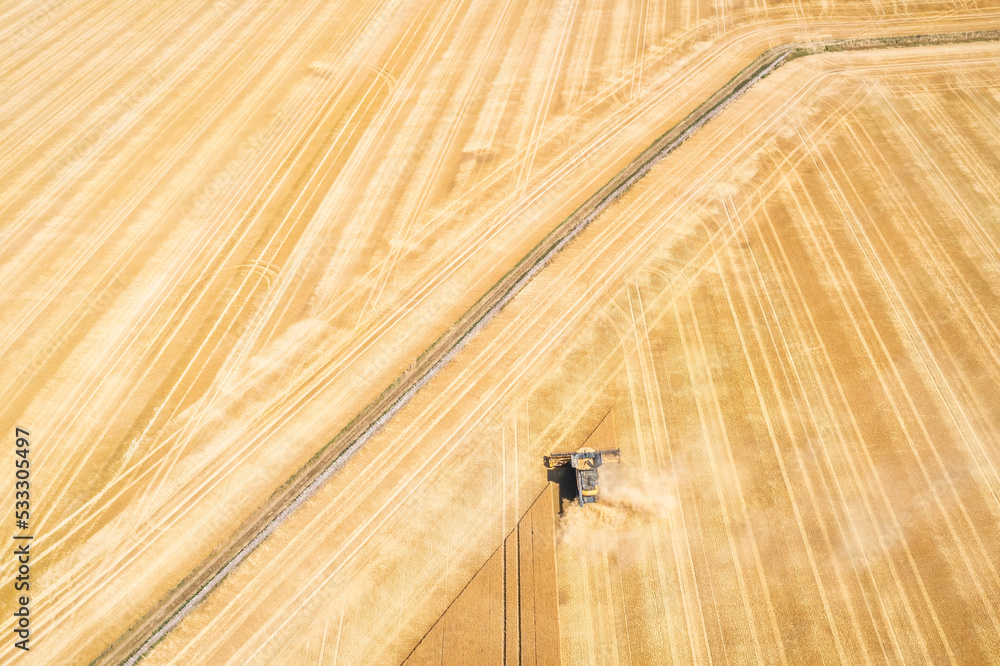 Aerial view of combine harvester in vast wheat field Aerial view of combine harvester in vast wheat field
