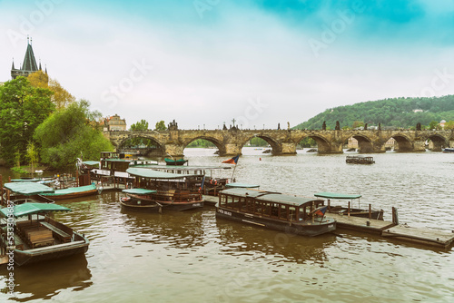 Charles Bridge and Old Town Bridge Tower Vltava river, Prague, Czech Republic