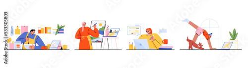 People studying online flat set isolated on white. Happy male and female characters watching lessons on computer, learning to cook, painting, passing business course, doing yoga. Vector illustration