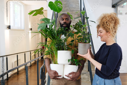 Female colleague stacking potted plants on helping businessman