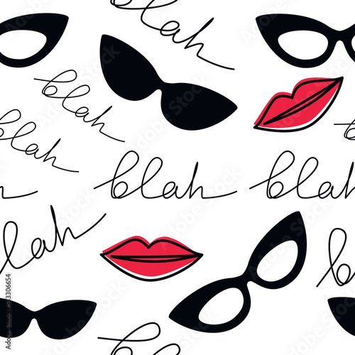 Vector seamless pattern. Words Blah Blah Blah with red woman lips  and black sunglasses icon. Hand drawn  lettering illustration. Wallpaper, fabric, print, wrapping paper or package design.