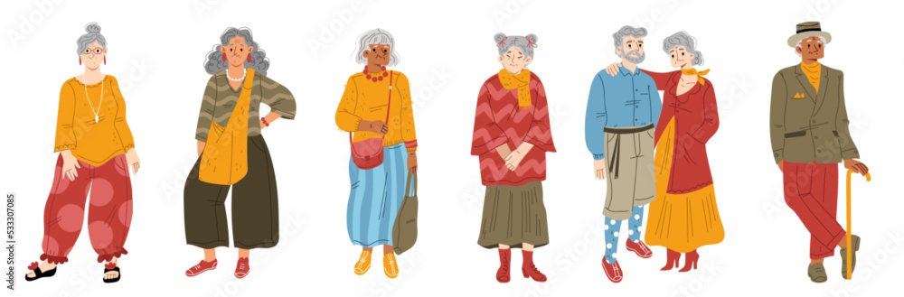 Modern old people, senior adult women and men in fashion clothes. Happy grandmothers and grandfathers in trendy casual apparel isolated on white background, vector flat illustration Modern old people, senior adult women and men in fashion clothes. Happy grandmothers and grandfathers in trendy casual apparel isolated on white background, vector flat illustration